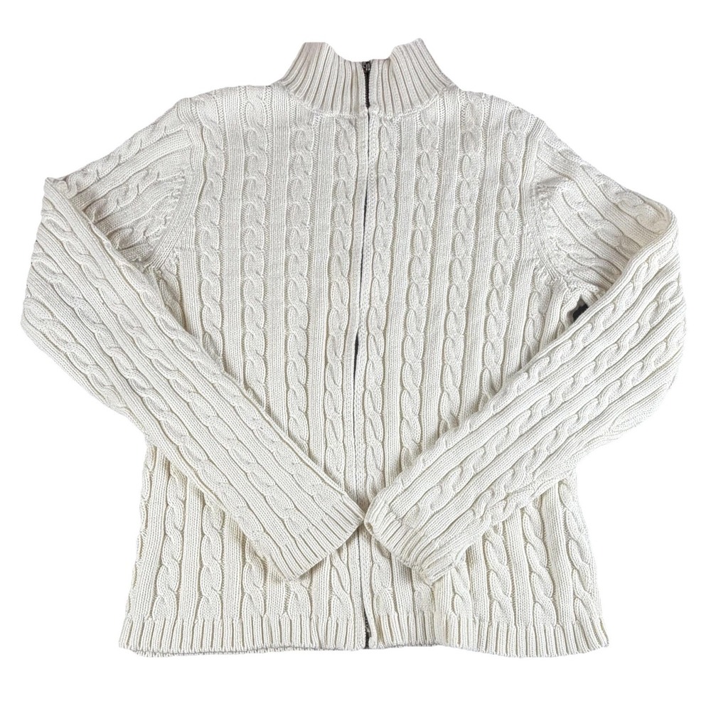 L.L. Bean Sweater Mens Small White Cable Knit Full Zip Mock Neck Long Sleeve
